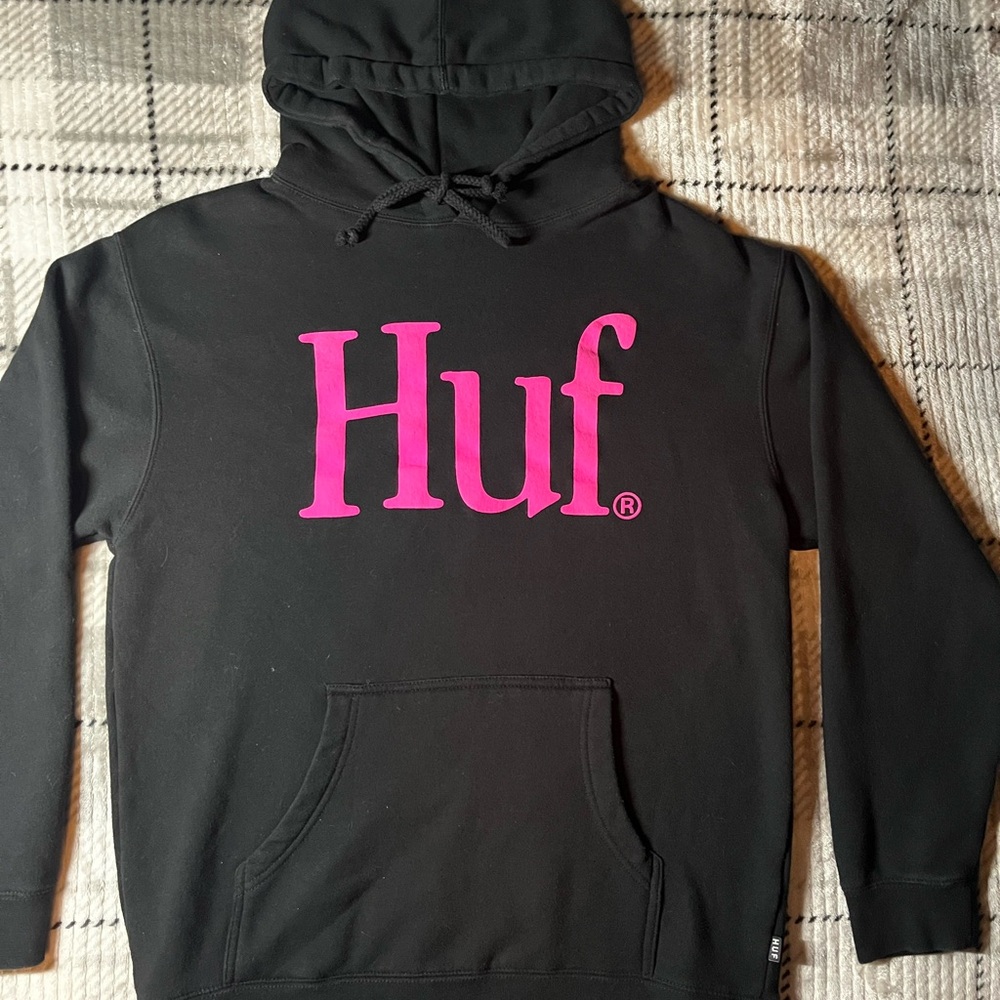 Huf Hoodie Adults Medium Black Skater Pullover Neon Pink Spell Out Sweatshirt